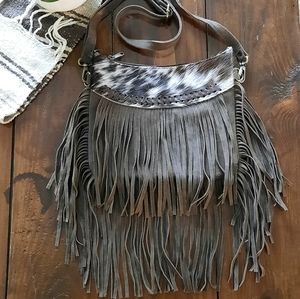 Genuine Suede Leather Fringe and Cow Hair on Hide Crossbody Purse